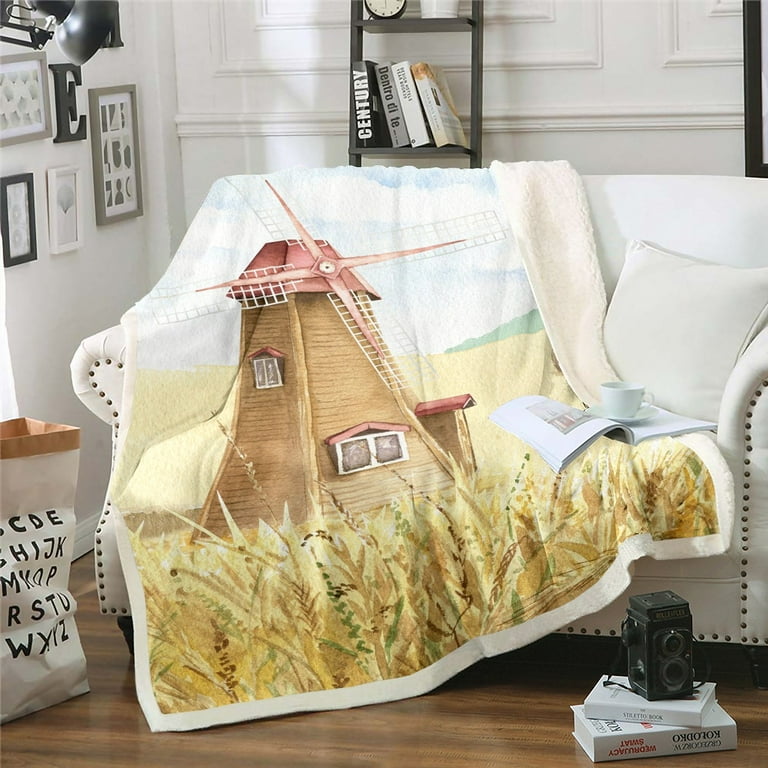Western Cowgirl Cowboy Throw Blanket for Couch Rustic Windmill Fleece Blanket for Kids Boys Girls Rural Barn Sherpa Blanket Yellow Haystack Meadow Blanket Cartoon Watercolor Bed Blanket Walmart