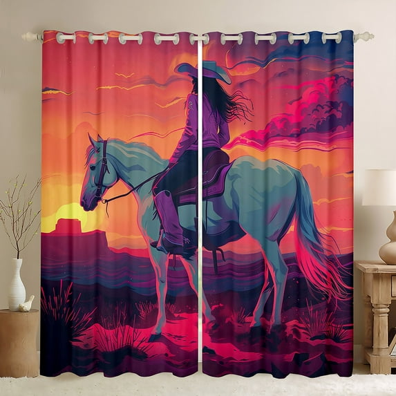 Western Cowgirl Curtains,West Style Horse Curtains 30%-50% Blackout Bedroom Decor,Vintage Aztec Cowboy Sunset Curtains Rustic Country Window Curtains 2 Panels 42"Wx63"L