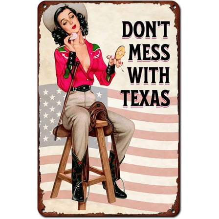 Western Cowgirl Decor Vintage Metal Tin Sign Don't Mess With Texas Metal Wall Art Texas-Themed Retro Poster Plaque Wall Decor for Home Cafe Bar Gym Garage Men’s Room Decoration Gift 8x6 Inch