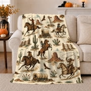 Western Cowgirl Desert decorative motif Saguaro Illustrated Cow Horse, Warm Flannel Blanket for Ranch House and Living Room, Rustic Farmhouse Horse Scene, Horse Lovers Housewarming Gift