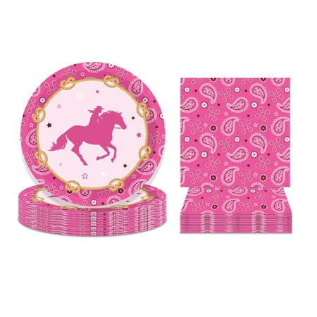 Western Cowgirl Dessert Plates and Napkins for 24 Guests 64 Pcs Wild West Cowgirl Theme Birthday Party Supplies Disposable Tableware Set Paper Plates Cake Plates Napkins for Little Cowgirl Party