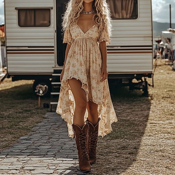 Western Cowgirl Dress for Women Chiffon Deep V Tie Front Vintage Boho Western Floral Dresses with Asymmetrical Hem Beige L