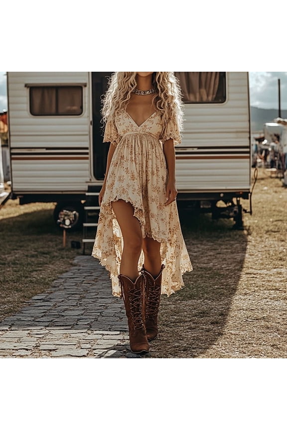 Western Cowgirl Dress for Women Chiffon Deep V Tie Front Vintage Boho Western Floral Dresses with Asymmetrical Hem Beige XL