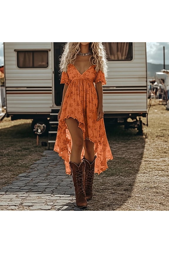 Western Cowgirl Dress for Women Chiffon Deep V Tie Front Vintage Boho Western Floral Dresses with Asymmetrical Hem Saffron L