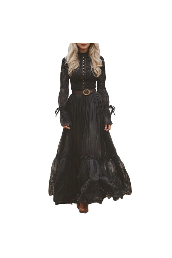 Western Cowgirl Dress for Women Lace Deep V Neck Long Sleeved Large Skirt Vintage Boho Style Black XXL