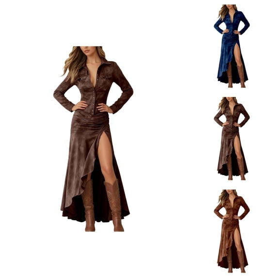 Western Cowgirl Dress for Women Long Sleeve Button Down Collared Ruched Waist High Low Slit Flowy Maxi Dresses