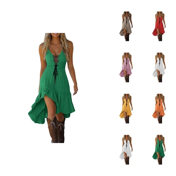 Western Cowgirl Dress for Women Sleeveless V Neck Lace Up Asymmetrical Hem Ruffle Flowy Midi Dress Summer Sundresses