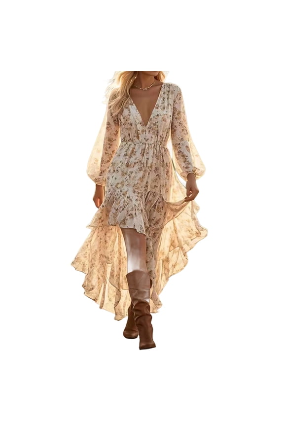 Western Cowgirl Dress for Women Spaghetti Strap Deep V Tie Front Dresses Vintage Boho Floral Maxi Dress