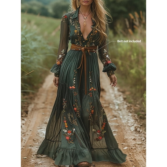 Boho Floral Satin Lantern Sleeve Maxi Dress, Western Cowgirl V-Neck Retro Gown,Hoilday Concert Festival Party Outfit for Women(Belt Not Included）