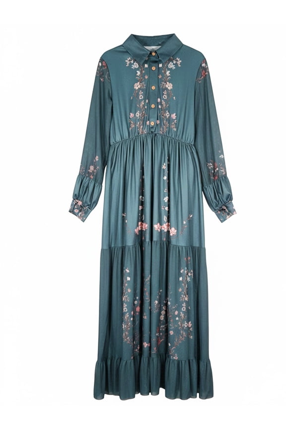 Boho Floral Satin Lantern Sleeve Maxi Dress, Western Cowgirl V-Neck Retro Gown,Hoilday Concert Festival Party Outfit for Women(Belt Not Included)