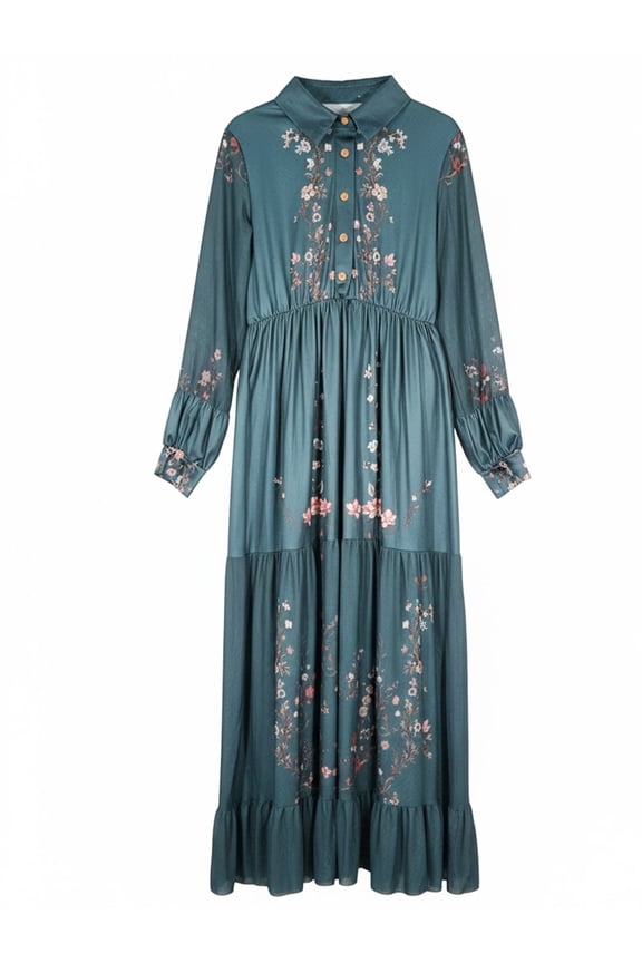 Boho Floral Satin Lantern Sleeve Maxi Dress, Western Cowgirl V-Neck Retro Gown,Hoilday Concert Festival Party Outfit for Women(Belt Not Included）