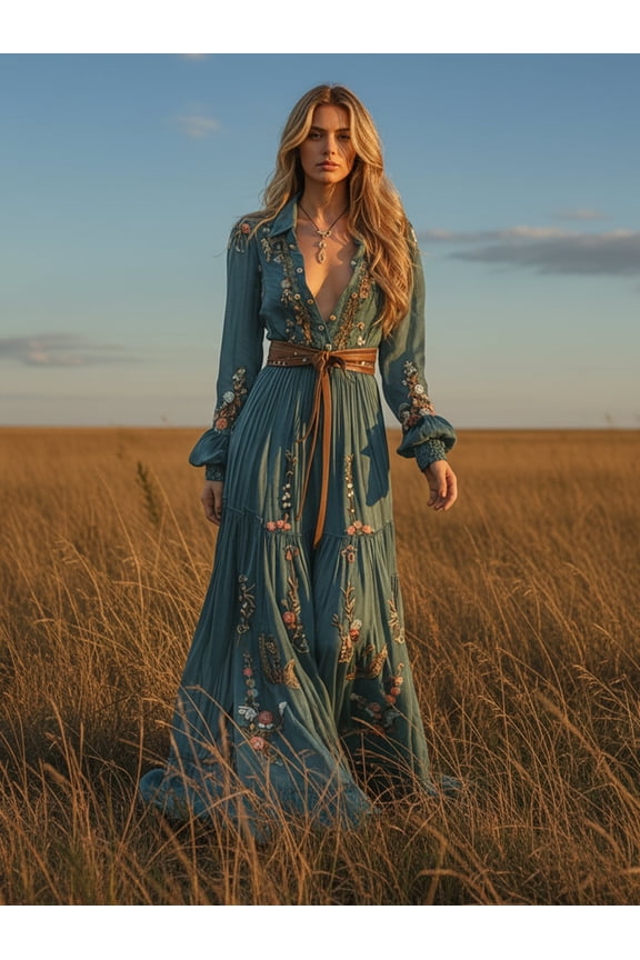 Boho Floral Satin Lantern Sleeve Maxi Dress, Western Cowgirl V-Neck Retro Gown,Hoilday Concert Festival Party Outfit for Women(Belt Not Included）