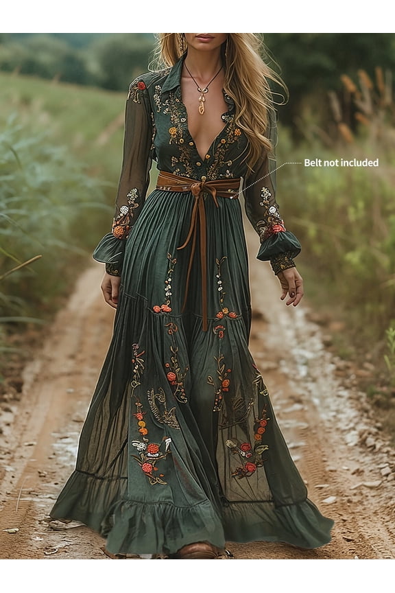 Boho Floral Satin Lantern Sleeve Maxi Dress, Western Cowgirl V-Neck Retro Gown,Hoilday Concert Festival Party Outfit for Women(Belt Not Included）