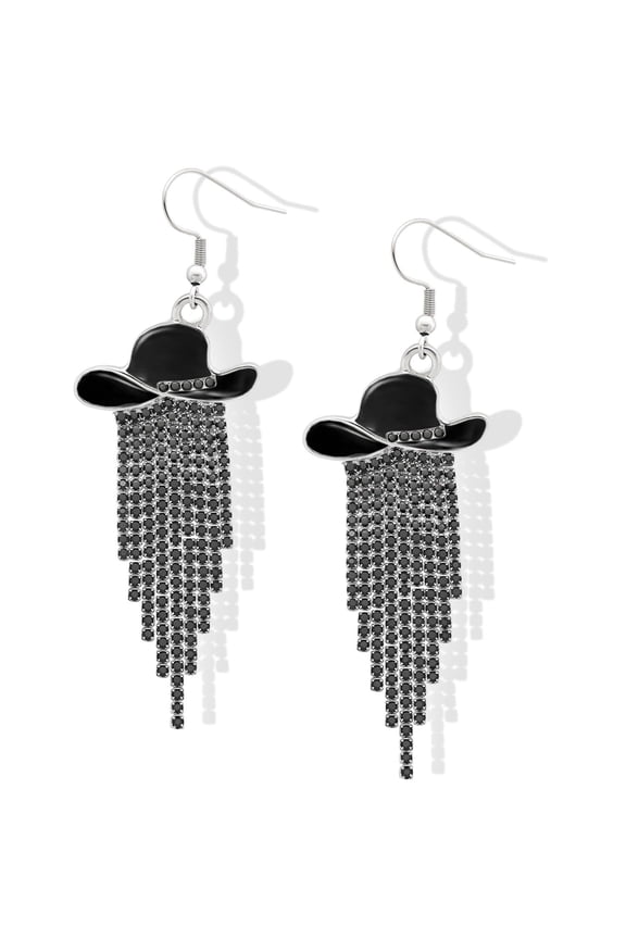 Western Cowgirl Enamel Hat Sparkling Rhinestone Fringe Dangle Earrings Prom Country Concerts Rodeo Cowboy Outfits Jewelry Gift for Women