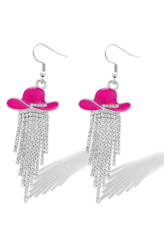 Western Cowgirl Enamel Hat Sparkling Rhinestone Fringe Dangle Earrings Prom Country Concerts Rodeo Cowboy Outfits Jewelry Gift for Women
