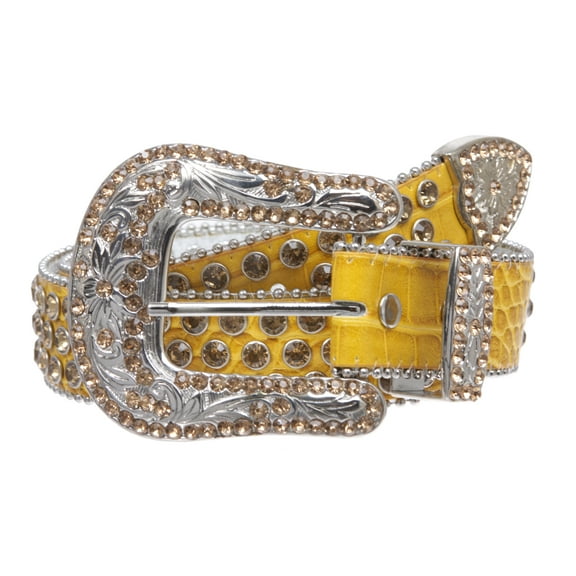 Western Cowgirl Faux Alligator Rhinestone Studded Leather Belt with Engraved Buckle