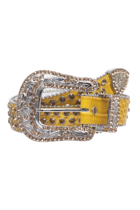 Western Cowgirl Faux Alligator Rhinestone Studded Leather Belt with Engraved Buckle