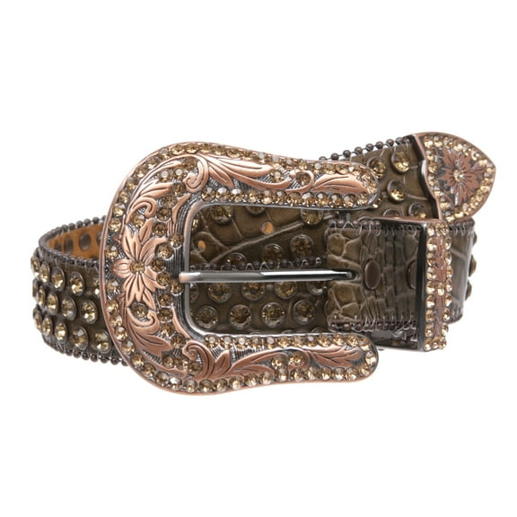 Western Cowgirl Faux Alligator Rhinestone Studded Leather Belt with Engraved Buckle