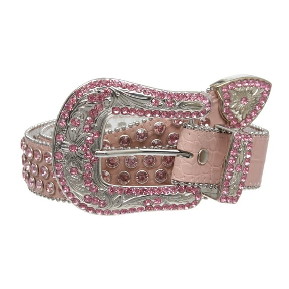 Western Cowgirl Faux Alligator Rhinestone Studded Leather Belt with Engraved Buckle