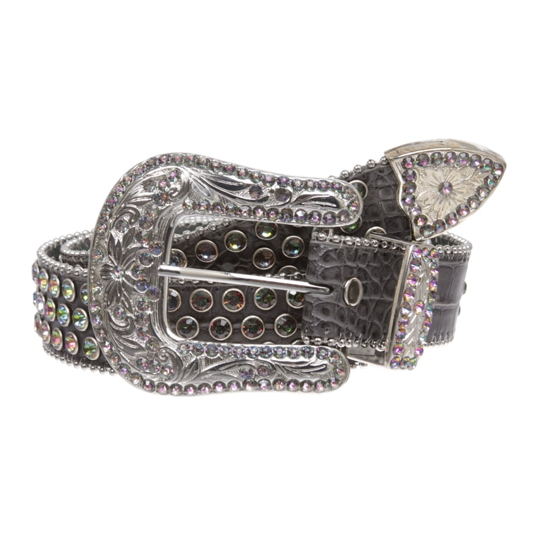 Rhinestone Studded Faux Leather Belt with Buckle, Western Cowgirl Style Western Cowgirl Faux Alligator Rhinestone Studded Leather  main image 4