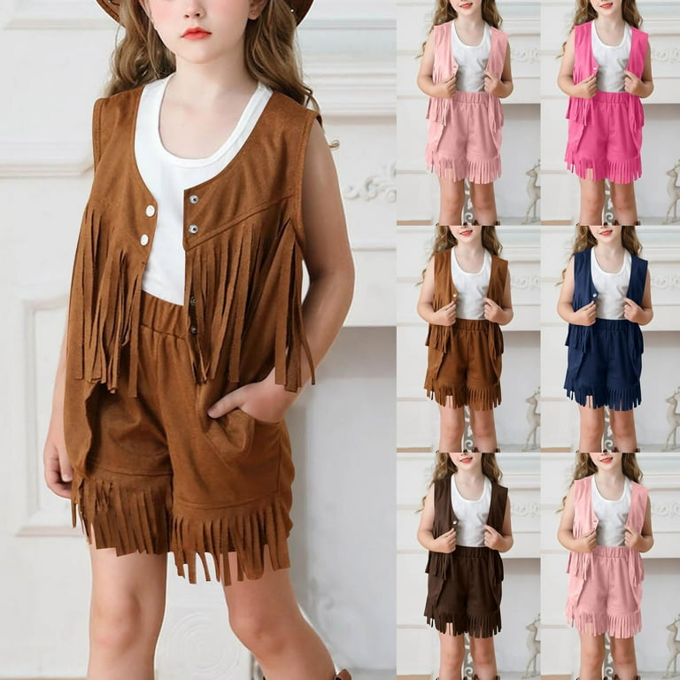 Western Cowgirl Faux Suede Fringe Outfits Piece Sets Sleeveless