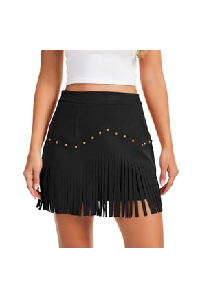 Western Cowgirl Fringe Skirt,High Waisted Mini Suede Skirts,Country Concert Rave Festival Booty Tassel Bottoms