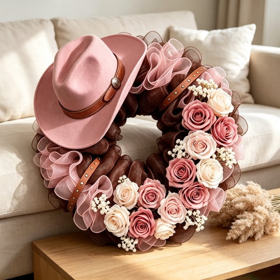 Western Cowgirl Front Door Wreath, Deco Mesh Wreath with Pink Cowboy Hat & Artificial Roses, Rustic Farmhouse Porch Wall Home Decor 30cm