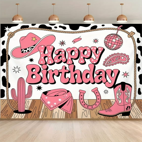 Western Cowgirl Happy Birthday Backdrop Cow Print Pink Disco Cactus Boots Birthday Photography Background for Girls Women Wild West Rodeo Birthday Party Decorations Banner Supplies Photo Booth Props