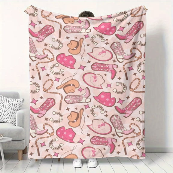 Western Cowgirl Hat & Boot Print Flannel Throw Blanket - Soft Plush Pink Blanket for Couch, Bed - All Season Cozy Gift