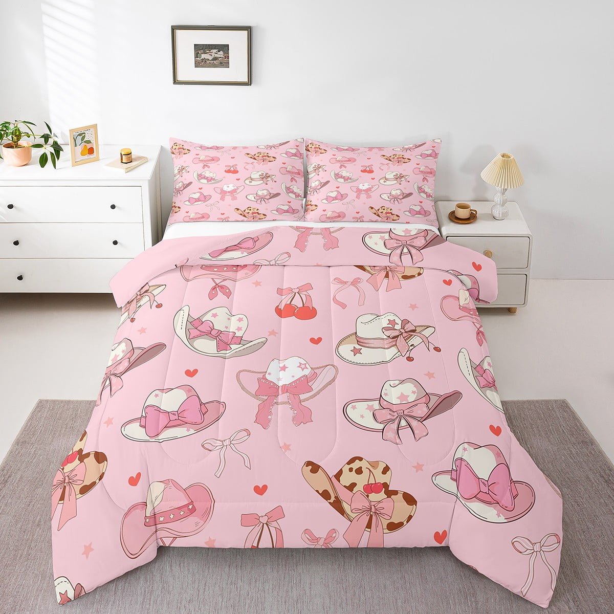 Western Cowgirl Hat Queen Bedding Set,Cute Pink Bow Tie Comforter Set ...