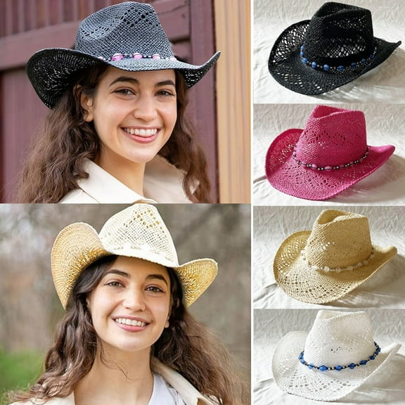 Western Cowgirl Hat, Straw Cowboy Hat for Women with Shapeable Brim, Beaded Hearts Trim, Shapeable Cowboy Hat