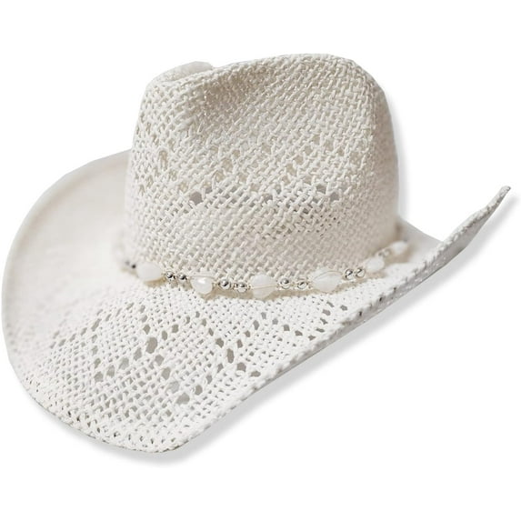 Western Cowgirl Hat, Straw Cowboy Hat for Women with Shapeable Brim, Beaded Hearts Trim, Shapeable Cowboy Hat