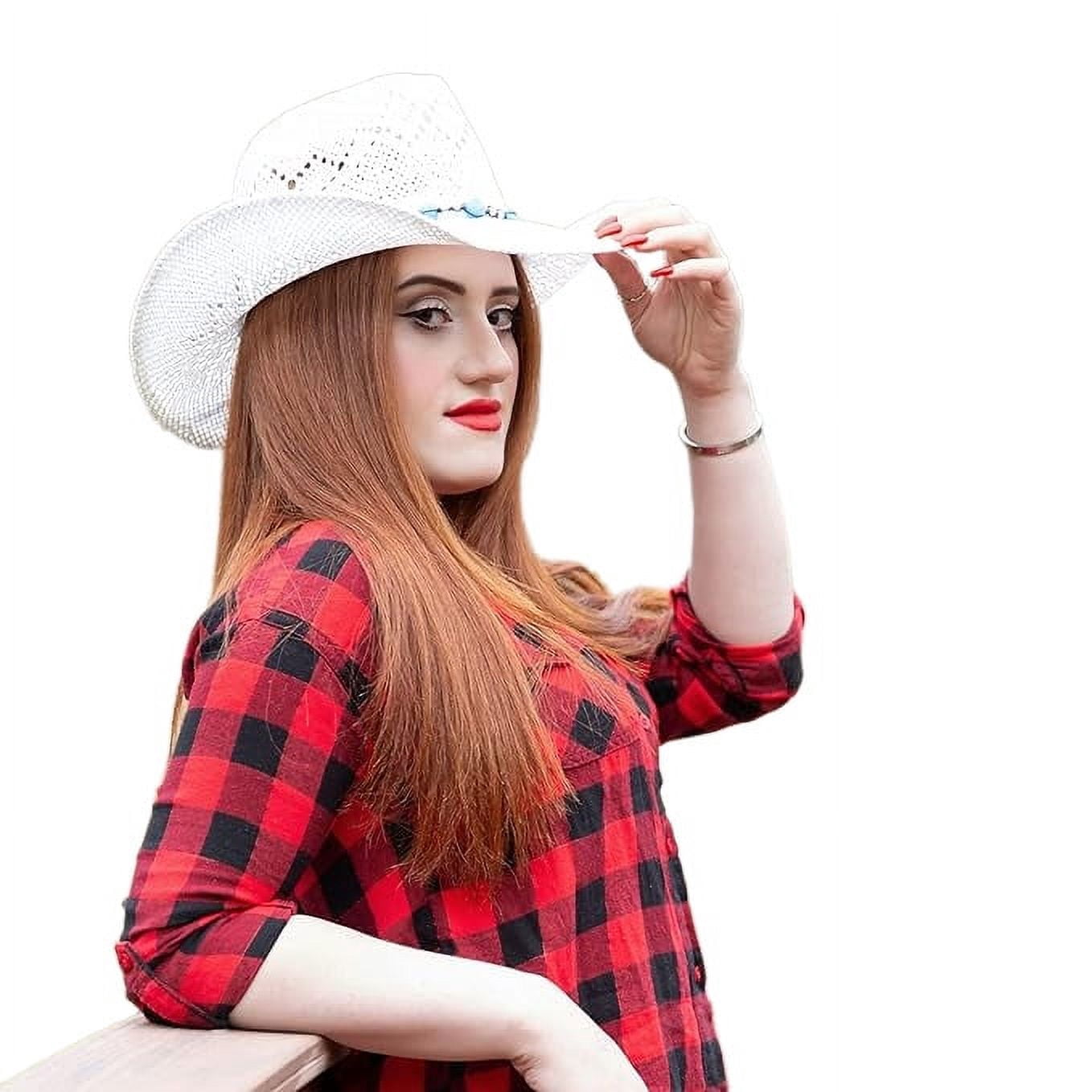 Straw Cowgirl Hat with Shapeable Brim, Beaded Hearts Trim Western Cowgirl Hat, Straw Cowboy Hat for Women with  main image 2