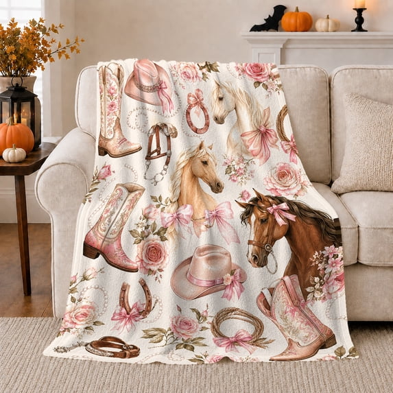Western Cowgirl Horse Rose Collage, Rustic Farmhouse Horse Scene, Warm Flannel Blanket for Ranch House and Living Room, Horse Lovers Valentine's Day Gift, Rustic Home Decor