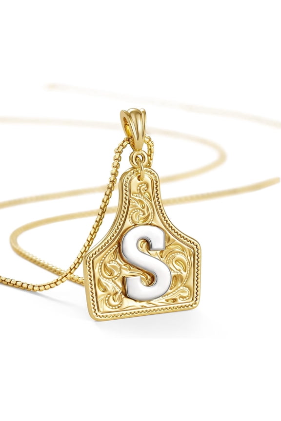 Western Cowgirl Initial Necklace for Men Women, 14K Gold Plated Cowboy Letter Pendant Necklace Handmade CowTag Two-Toned Jewelry Gift