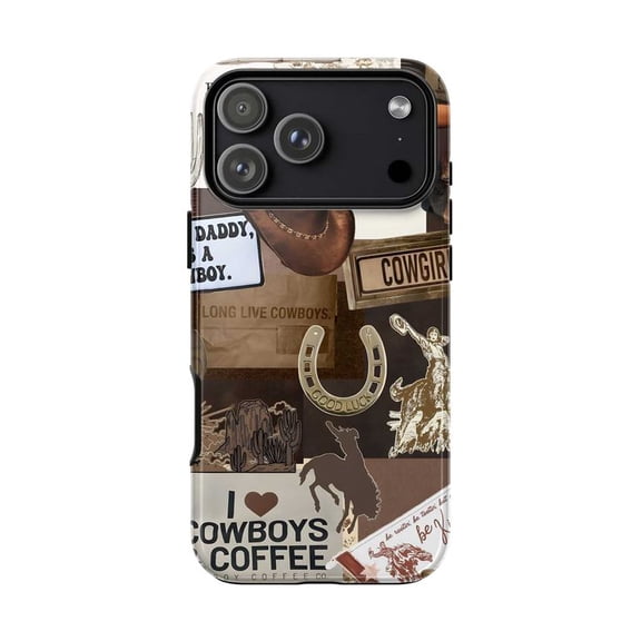 Western Cowgirl Phone Case, Cowboys Coffee Horseshoe Hat iPhone Cover, Rustic Brown Protective Case for iPhone 17 16 15 14 13 12 11 Pro Plus Mini