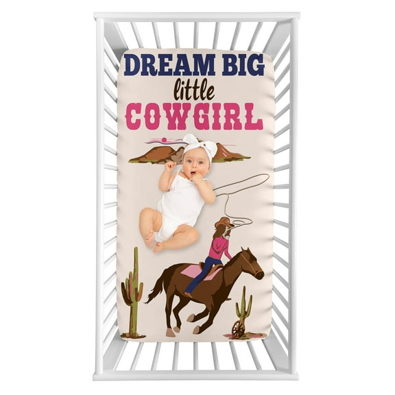 Sweet Jojo Designs Western Cowgirl Pink Brown Beige Blue Photo Op Fitted Crib Sheet