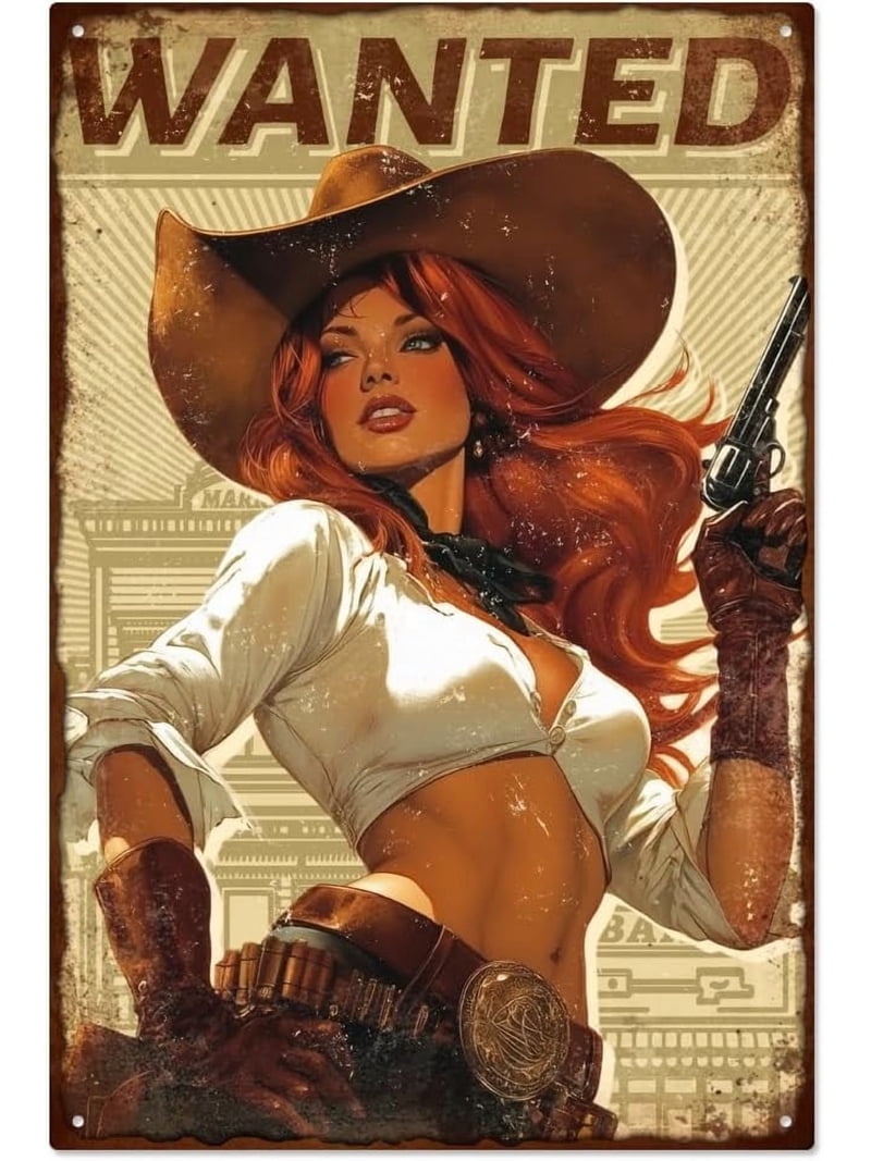 Western Cowgirl Pin Up Lady Metal Tin Sign 7.8x11.8 Inch Funny