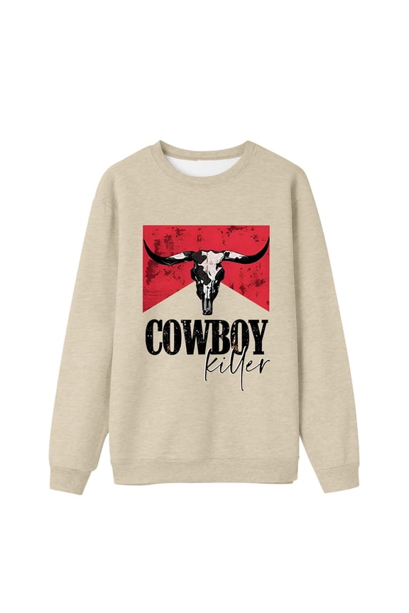 Western Cowgirl Punchy Cowboy Killers Bull Horn Sweatshirts Long Sleeve Casual Comfortable Pullovers Loose Fit Fashionable Fall Winter Sports Hoodless Tops Beige XXXL