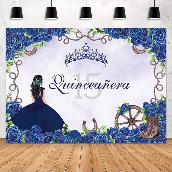 Western Cowgirl Quinceanera 15th Birthday Backdrop Mexican Fiesta Bday Backdrop Floral Crown Boots Watercolor Photography Background Horseshoe Decor 15th Birthday Party Photo Banner