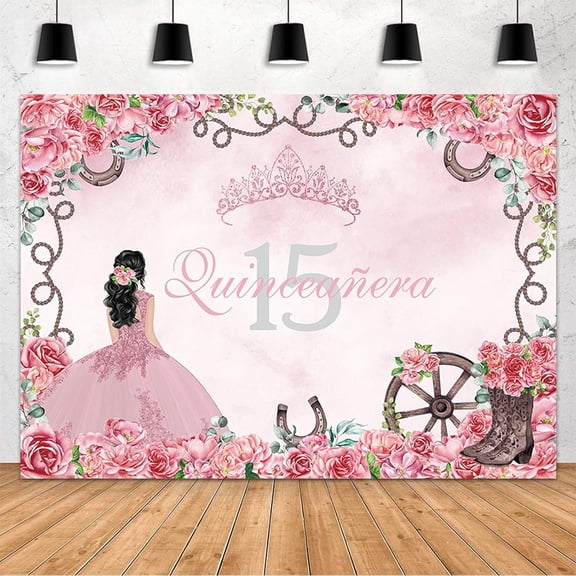 Western Cowgirl Quinceanera 15th Birthday Backdrop Mexican Fiesta Bday Backdrop Floral Crown Boots Watercolor Photography Background Horseshoe Decor 15th Birthday Party Photo Banner