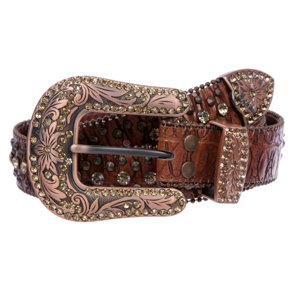 Western Cowgirl Rhinestone Studded Faux Alligator Leather Belt