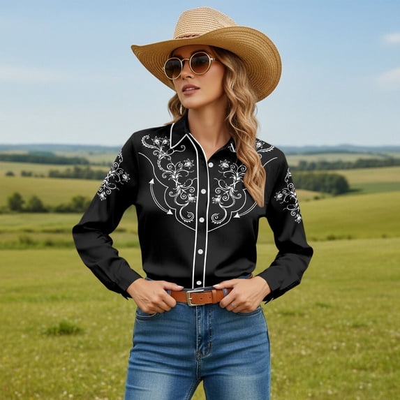 Western Cowgirl Shirts for Women Button Down Shirts Floral Print Spring Country Party Long Sleeve Tops Black S