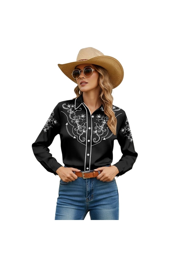 Western Cowgirl Shirts for Women Country Retro Button Down Shirts Floral Print Spring Long Sleeve Tops Black L