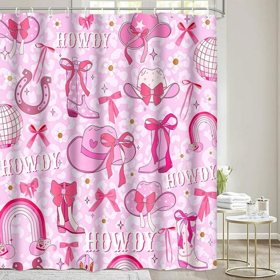 Western Cowgirl Shower Curtain Pink Bow Preppy Cowgirl Shower Curtain for Bathroom Decor 72x72 Inch Washable Polyester Trendy Cute Disco Girls Shower Curtain Set with 12 Hooks