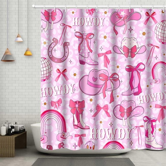 Western Cowgirl Shower Curtain Pink Bow Preppy Cowgirl Shower Curtain for Bathroom Decor 84x84 Inch Washable Polyester Trendy Cute Disco Girls Shower Curtain Set with 12 Hooks
