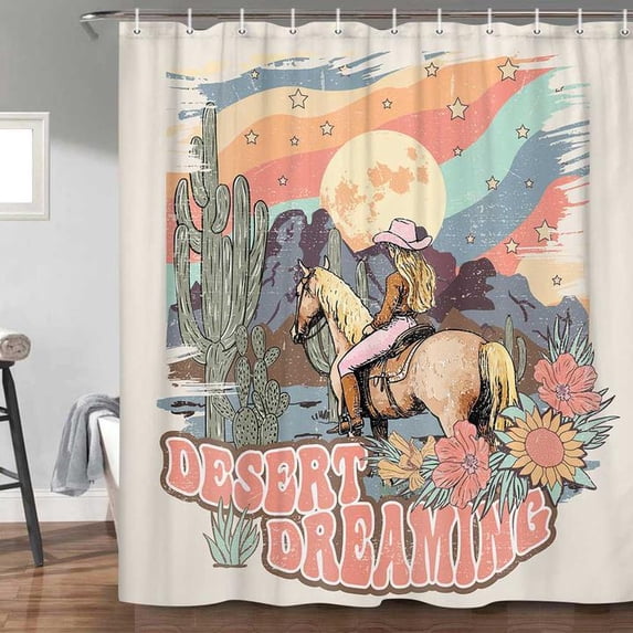 Western Cowgirl Shower Curtains, Vintage Country Western Girl Shower Curtains for Bathroom, Cowgirl Decor for Teen Girls, Cowgirl for Women Fabric Shower Curtain with Hooks, 70X84IN