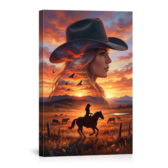 Western Cowgirl Sunset Rustic Rancher Horse Rider Cowboy Aesthetic Landscape Canvas