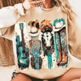 thumbnail image 1 of Western Cowgirl Sweatshirt, Cowboy Boots Shirt, Cowprint Pullover, Western Turquoise Shirt, Sunflower Top, Trendy Country Shirt, 1 of 5