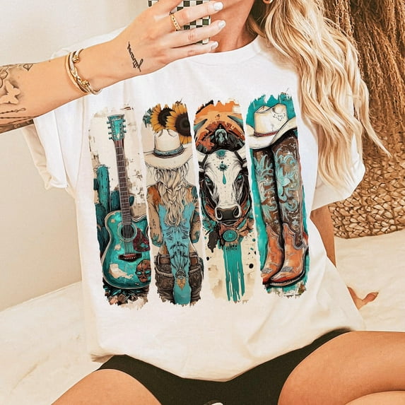 Western Cowgirl T-Shirt, Cowboy Boots Shirt, Cowprint Shirt, Turquoise Western Shirt, Sunflower Cowgirl Shirt